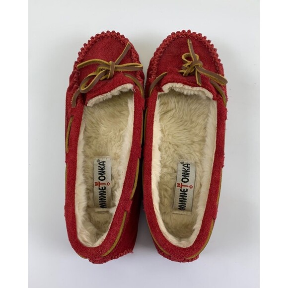 Minnetonka Cally Slipper Moccasin 4016 Faux Fur Lined Red Suede Laces Womens 6 - Picture 6 of 11